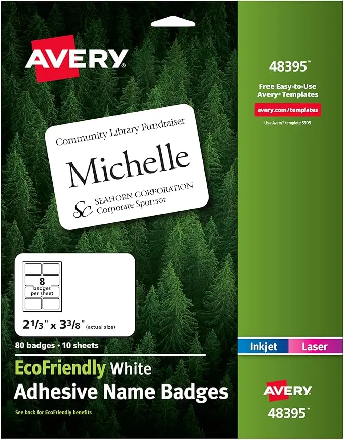AVERY EcoFriendly Name Badge Labels, 2-1/3 x 3-3/8, White, 160/Pack