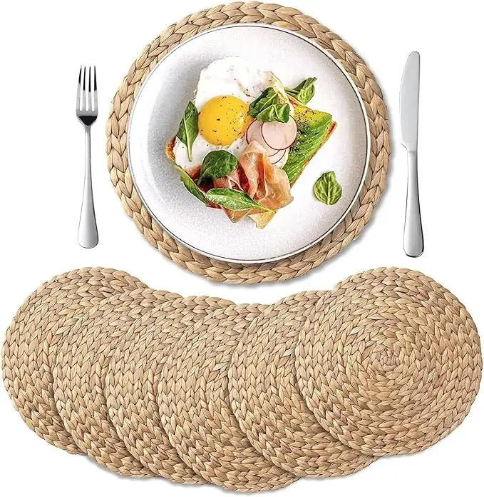 6 Pack, Rattan Round Place mats, Natural Hand-Woven Water Hyacinth Placemats