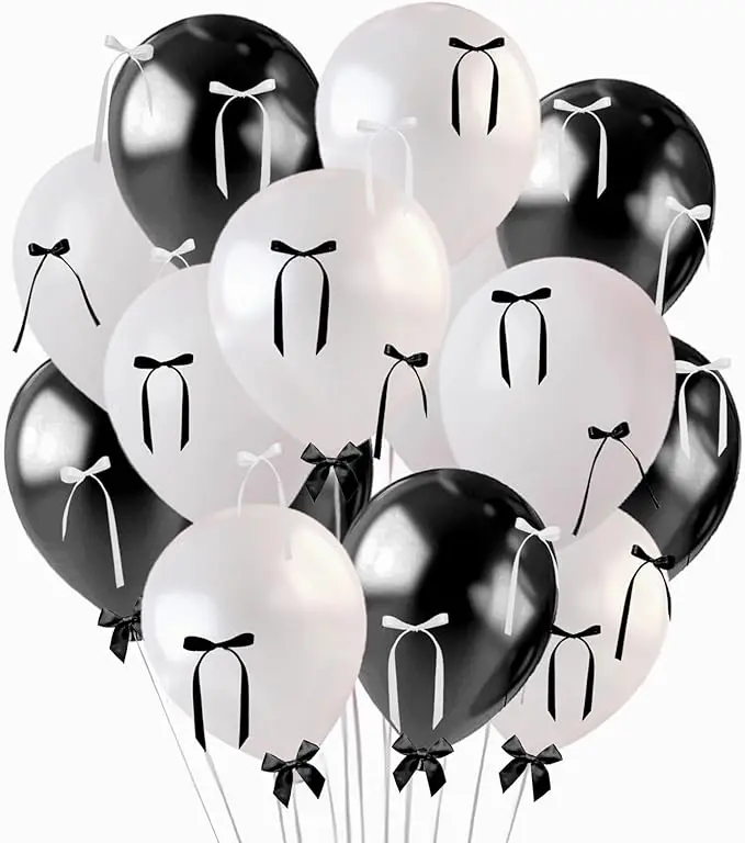 60Pcs Black, White, Pearl Balloons with Bows and Ribbon