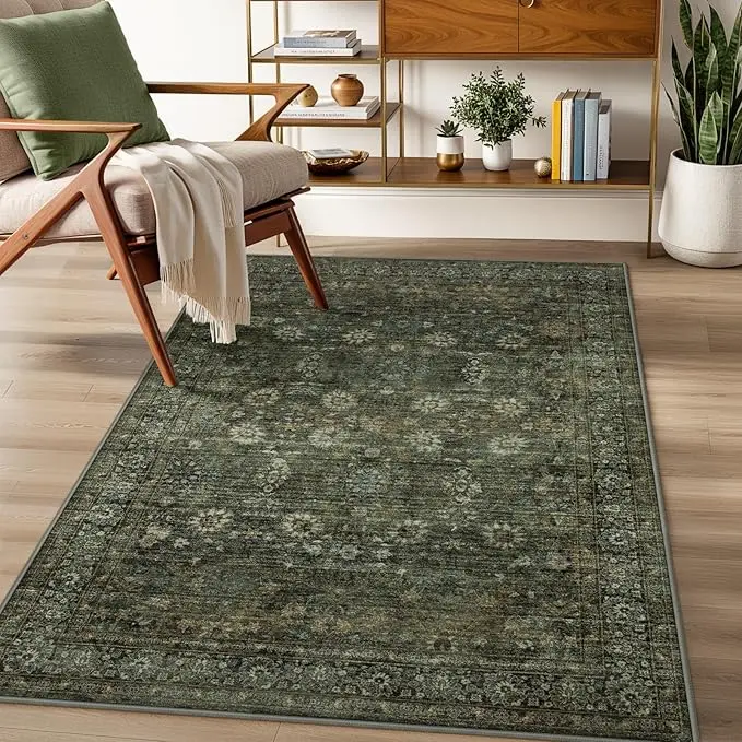 Zealude Green Boho Washable 3x5 ft Kitchen Rug