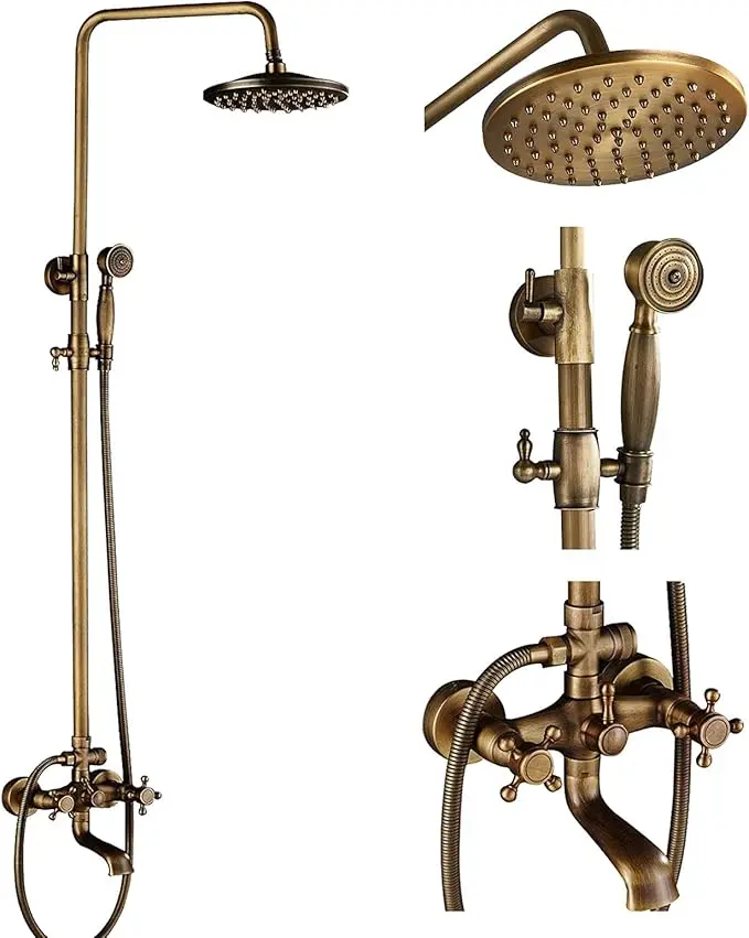 NeierThodore Antique Brass 8-Inch Bathroom Shower Faucet System