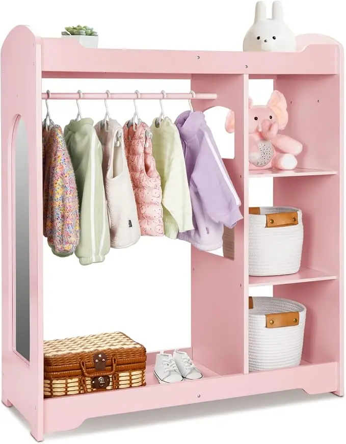 OOOK Pink Kids Clothing Rack and Armoire with Mirror