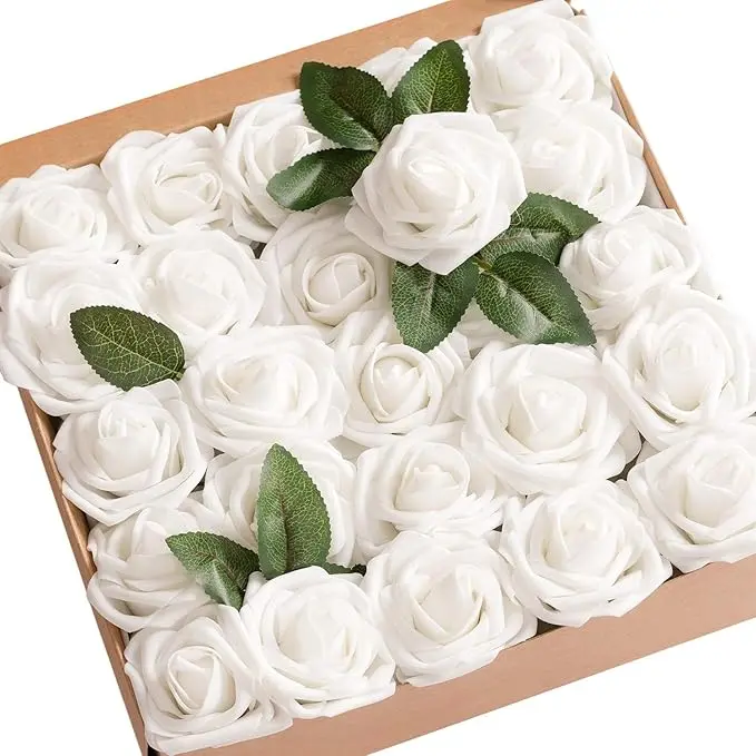 Ling’s Moment 25Pcs White Roses Decor w/Stems