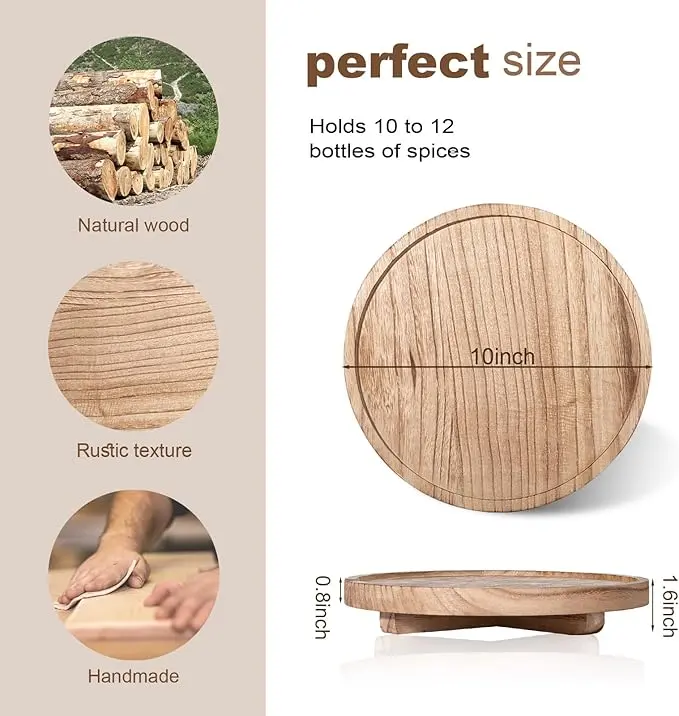 Round Decorative Tray Wood Bathroom Counter Organizer Farmhouse Kitchen Decor Wooden Riser for Soap Dish, Perfume, Candle, Sponge, Brown