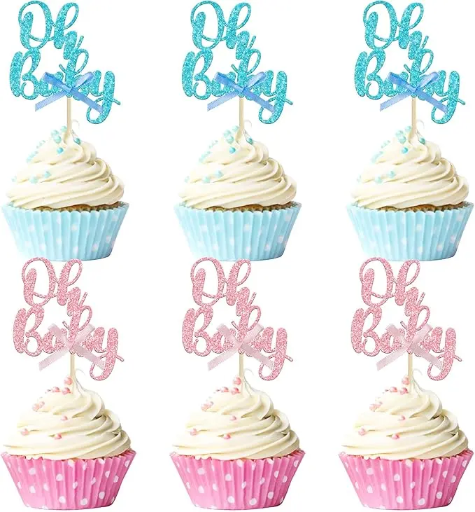 Gyufise 36Pcs Oh Baby Cupcake Toppers Pink Blue Bow Glitter