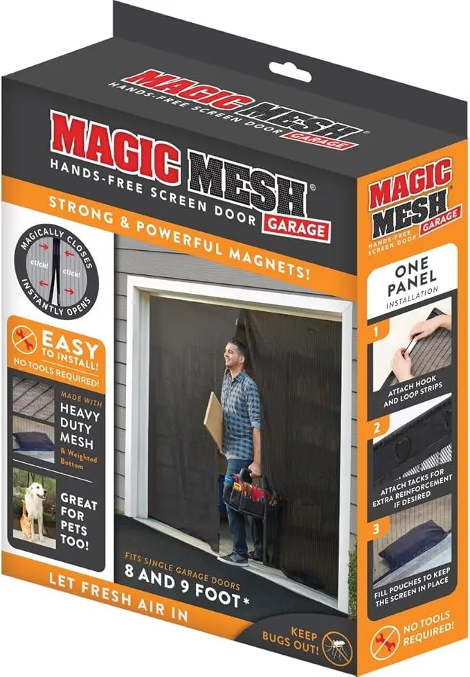 Magic Mesh Garage- Hands Free Magnetic Screen Door, Fits Single Garage Doors- 8 & 9 Foot, Black