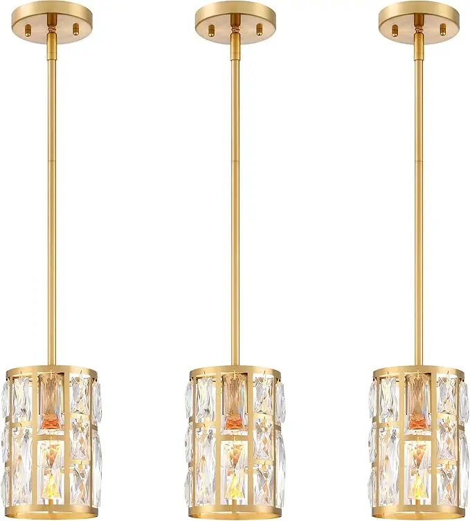 MEXO Gold Modern Crystal Pendant Light Fixture 3-Pack