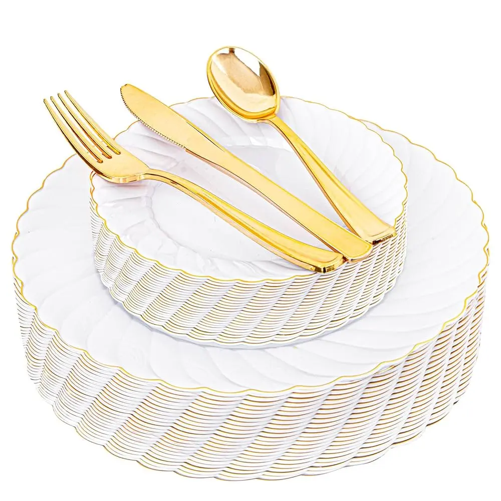 Youbet White and Gold Plastic Dinnerware Set *INCOMPLETE - SEE DETAIL