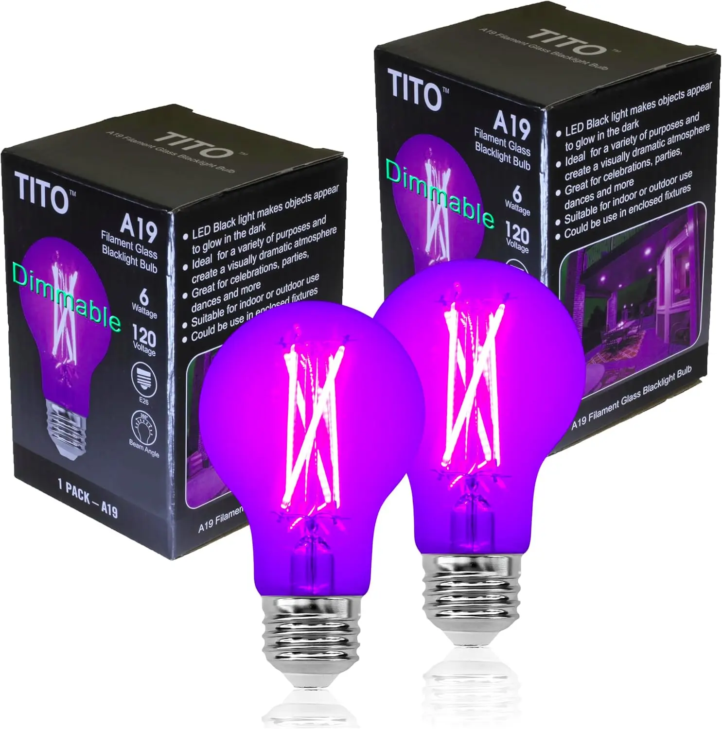 TITO 2 Pack E26 A19 Filament LED Black Light Bulbs, UVA 395nm 6W Blacklight Bulb 100W Equivalent, Black Light Bulb Glow in Dark Halloween Christmas Party Fluorescent Tapestry Poster Decor Body Paint