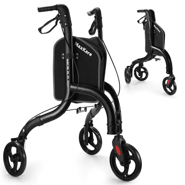 MaxKare Folding Rollator Walker with Large Storage Bag and Brake handle, 3-Wheel Rolling Walker for Seniors, Lightweight, Height Adjustable, Supports Up to 300 Lbs