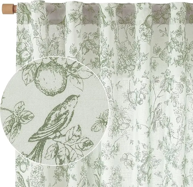 JIN CHAN Linen Blend Floral Curtains for Living Room 96 Inches Long Sage Green Drapes Back Tab Light Filtering Toile Bird Printed Farmhouse Bedroom Decor Rod Pocket Window Treatments 2 Panels Set