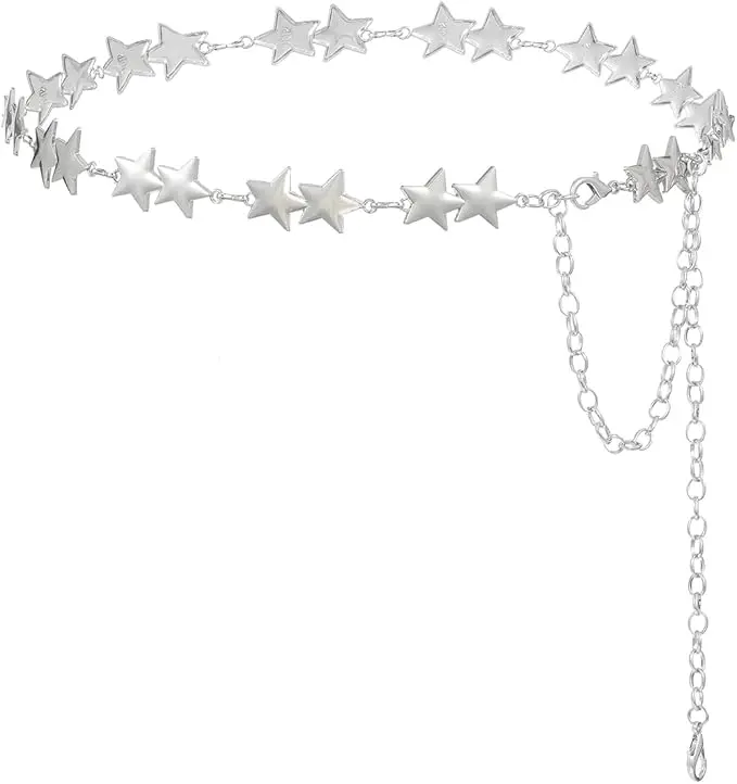 Silver Star Chain Belt for Women Fashion Metal Punk Rock Star Chain Belt for Dresses Jeans Y2k Emo Waist Body Jewelry