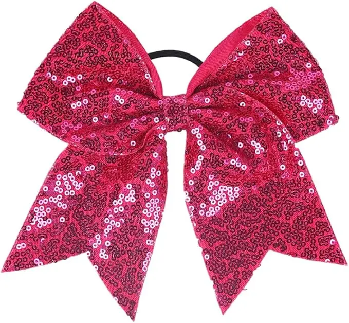 Glitter Cheer Bow Tie Hot Pink Bows for Women Cheerleading Hair Accessories with Sparkly Sequin for Women Girls Cheer Hair Tie