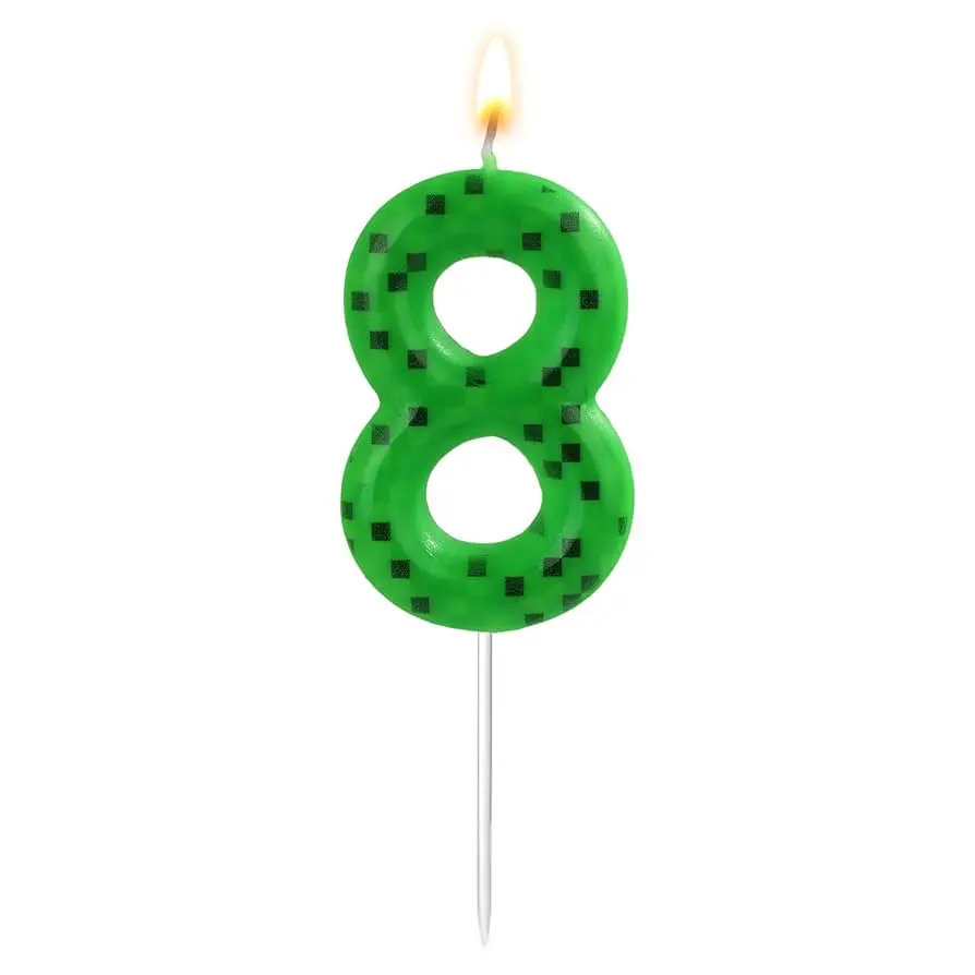 XIHIRCD Pixel Miner Birthday Cake Candle, Green Number Eight Birthday Candles, TNT Themed Party Decoration Supplies, Number 8