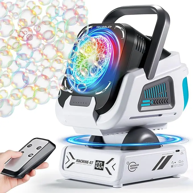 *AS-IS* Upgraded Bubble Machine with Remote Control, Automatic Rotation & RGB Lights, 1800mAh Rechargeable Battery, Type-C Charge