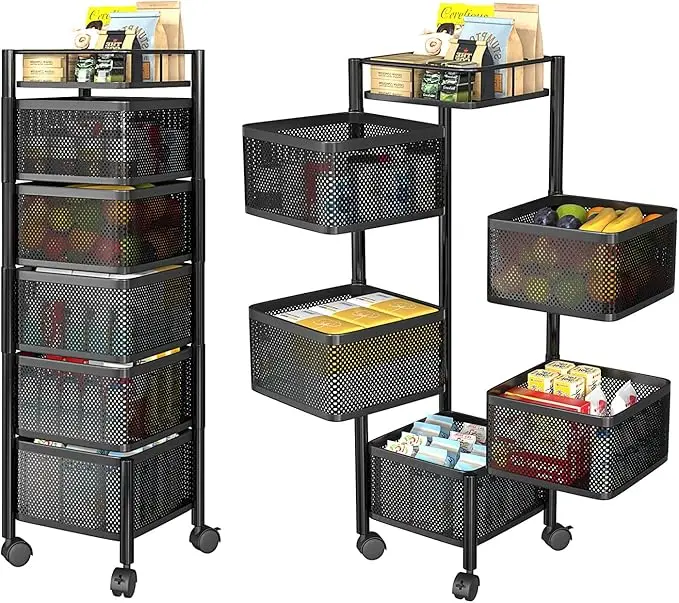 Rotating Storage Rack for Kitchen, Vegetable and Fruit Storage Basket with Wheels, Standing Rolling Storage Cart, Fruit Vegetable Snack, Mobile Utility Cart for Bathroom, Living Room (5 Tier, Black)