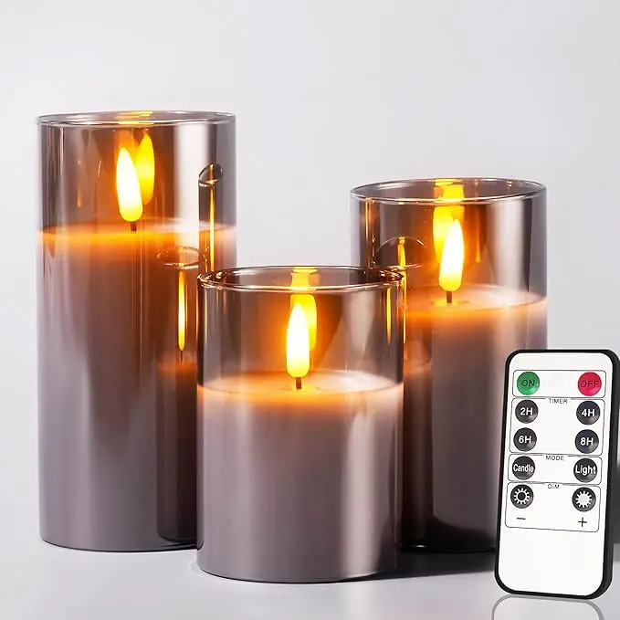 Tyawon LED Flameless Candles, Glass Battery Operated Party Decor(Pack of 3)-Grey