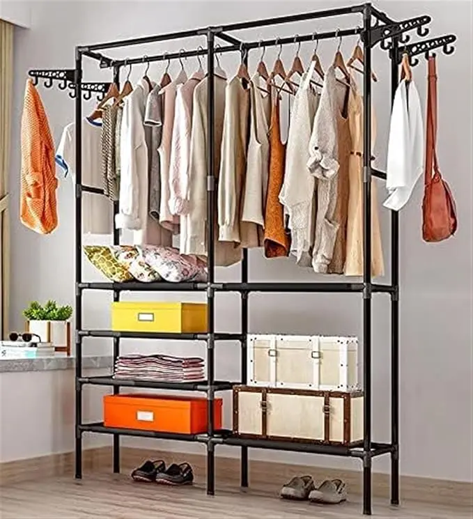 Wardrobe Clothes Hanger Coat Rack Floor Hanger Storage Wardrobe Clothing Drying Rack (Black)