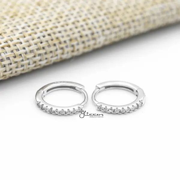 Glitters 925 Sterling Silver 1.5mm wide C.Z One-Touch Huggie Hoop Earrings