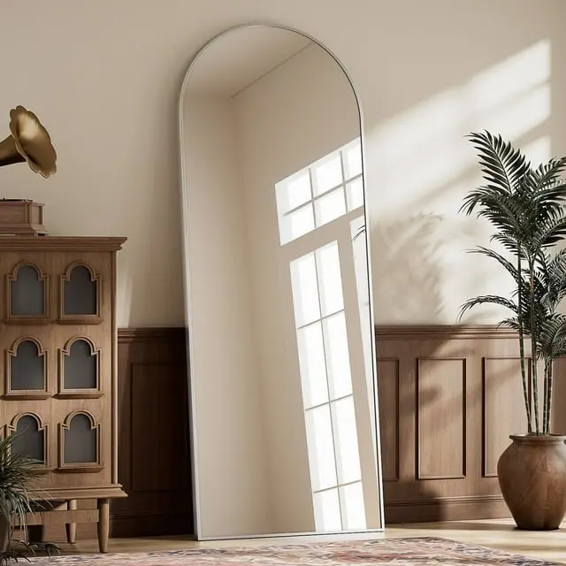 BEAUTYPEAK Arched 58"x18" Full Length Mirror Floor Mirror Sturdy MDF Mirror with Stand Full Body Mirror, Silver