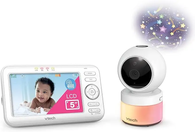 VTech 5” Digital Video Baby Monitor with Pan & Tilt Camera, Glow-on-The-Ceiling Light and Night Light, VM5463 (White)