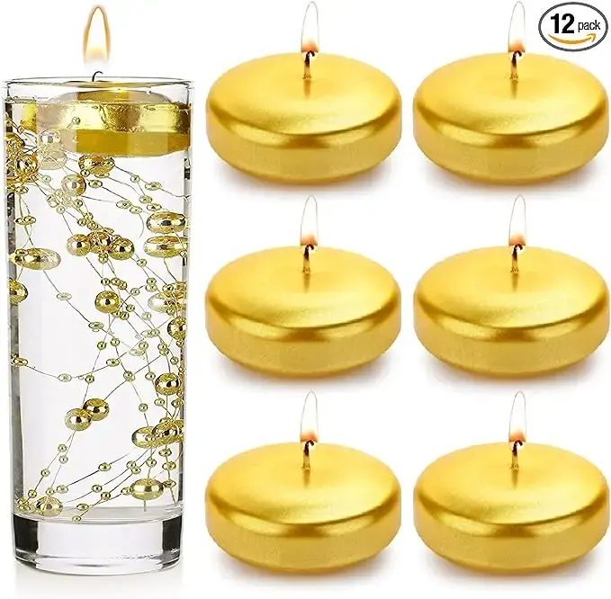 Floating Candles 3 Inch Unscented Dripless Wax 13-15Hours Burning (12 PCS, Gold)