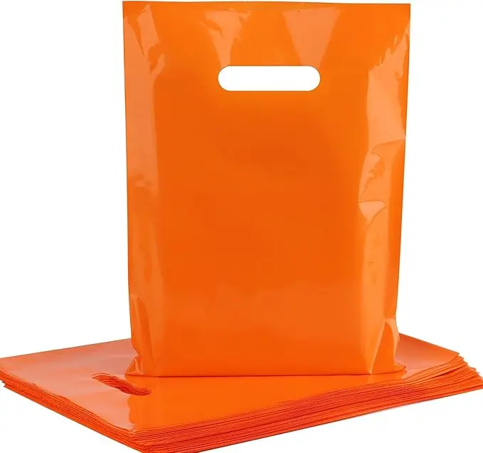 Orange Plastic Bags with Die-Cut Handles 100 Pack - 9x6 Inches