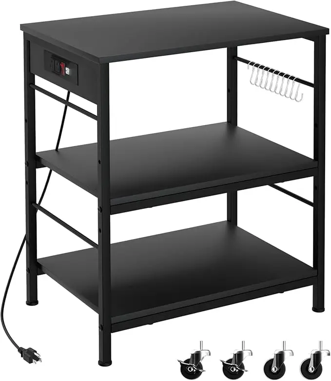 Bakers Rack with Power Outlet Microwave Shelf Stand Black Coffee Bar Table Cart 3 Tier Kitchen Carts on Wheels with Storage, Black *MISSING PARTS SEE DETAIL