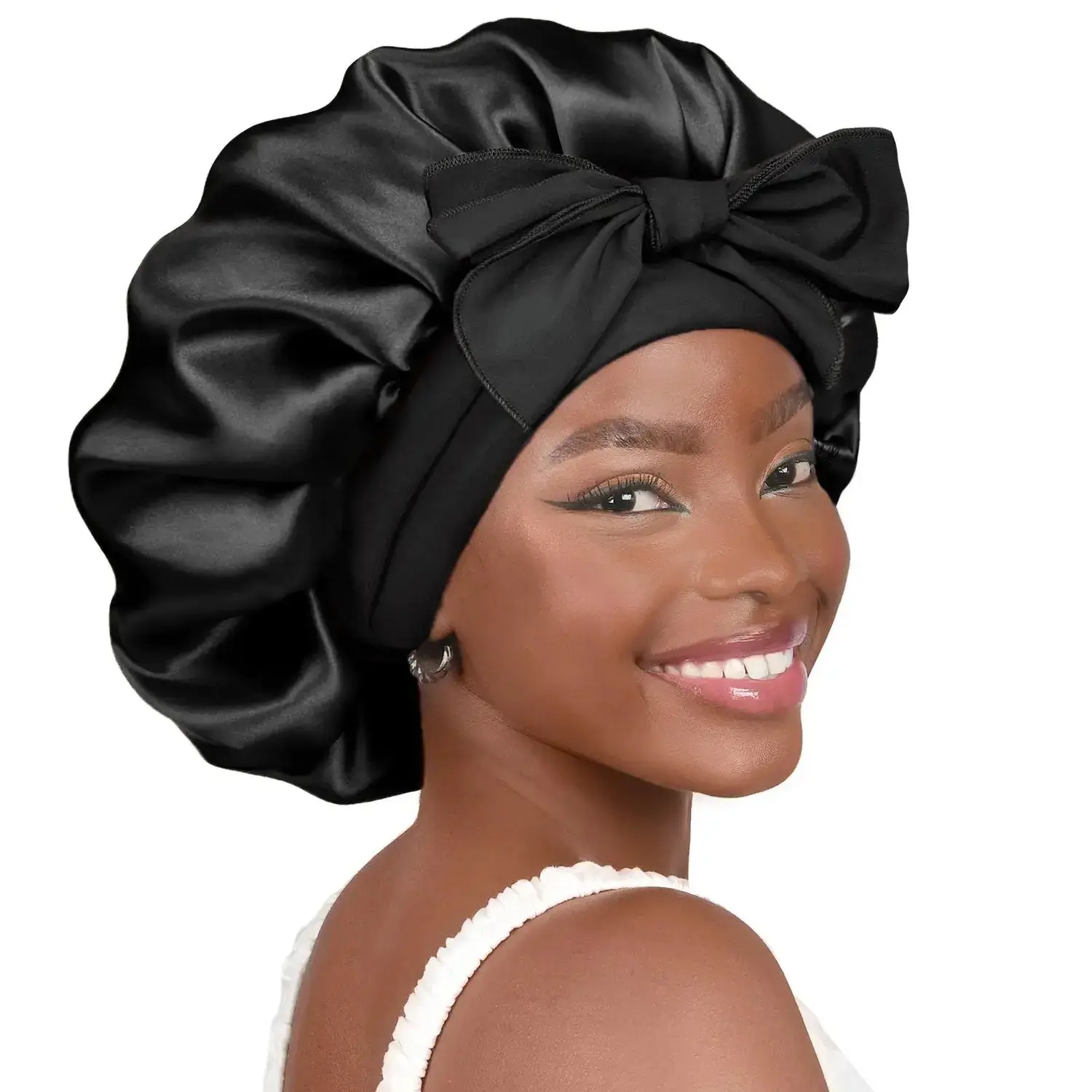 Yanibest Tie Band Double Layer Butter Satin Bonnet | Black Black