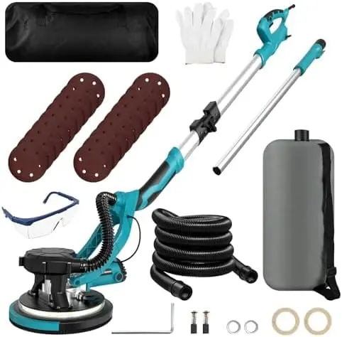 Drywall Sander, 1250W 11.5-Amp Electric Drywall Sander with Vacuum, Popcorn Ceiling Removal Tool with Variable Speed 800-1800RPM, Foldable & Extendable Handle, LED Light