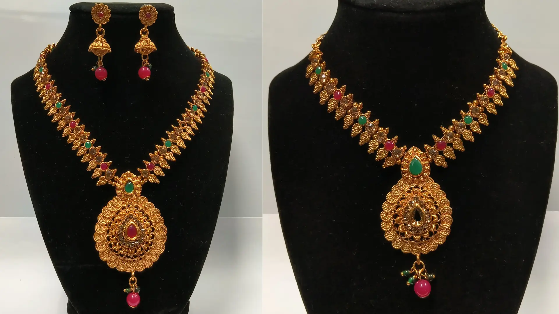 Red Green Gem Mommy and Me Gold-Plated Adjustable Necklace Set