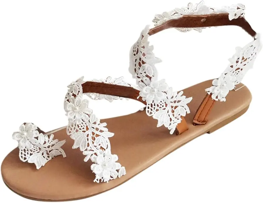 Women's White Flowers Lace Sandals (Size 9)