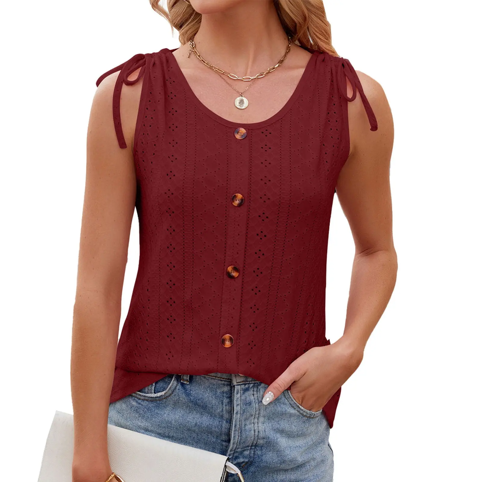 Besolar Red Women's Tank Top Tie Crewneck Button Shirt (3XL)
