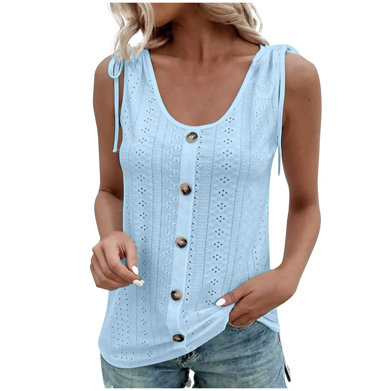 Besolar Light Blue Women's Tank Top Tie Crewneck Button Shirt (3XL)