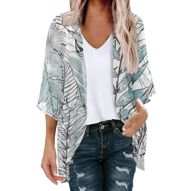 Virmaxy Open Front Floral Graphic Cardigan Lightweight Chiffon Cover Up (XL)