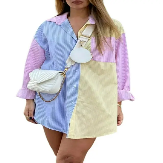 Women’s Button Down Long Sleeve Striped Color Block Oversized Shirt (M/M)